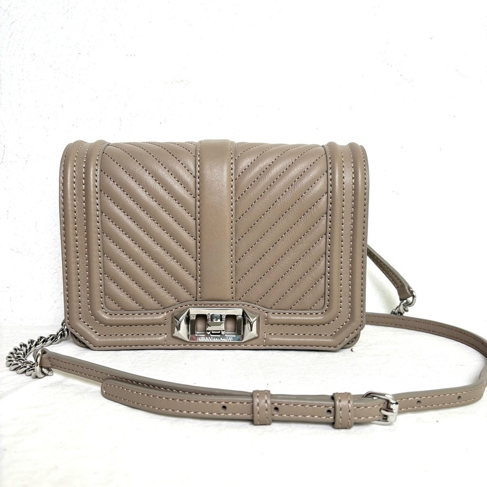 REBECCA MINKOFF Chevron Quilted Small Love Crossbody Leather Bag Taupe Sandrift